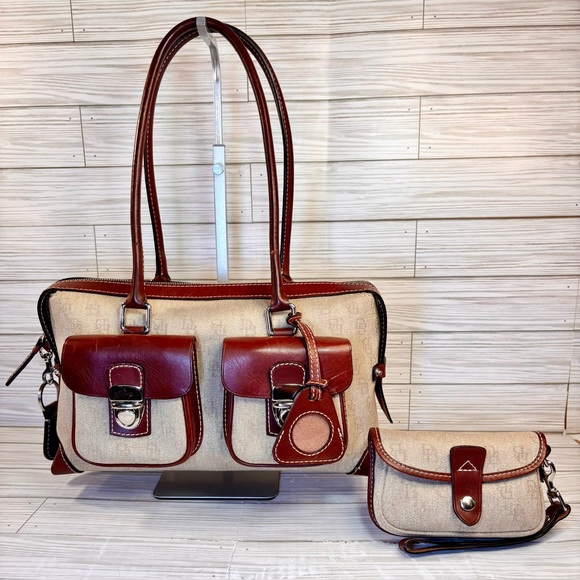 Dooney & Bourke Handbags - 049-Dooney & Bourke K6331500 Canvas w/leather trim Signature Satchel & Pouch Set